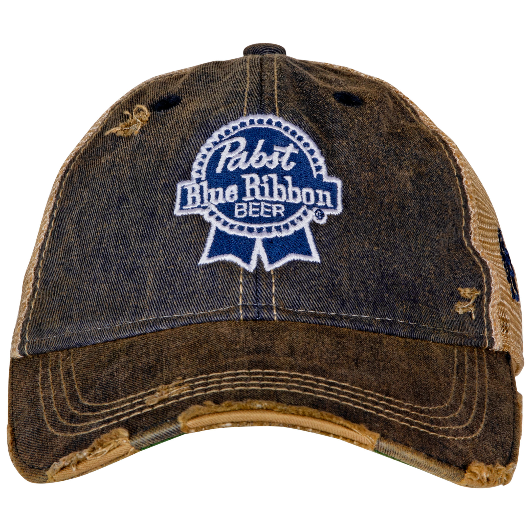 Pabst Blue Ribbon Logo Patch Distressed Tea-Stained Adjustable Hat